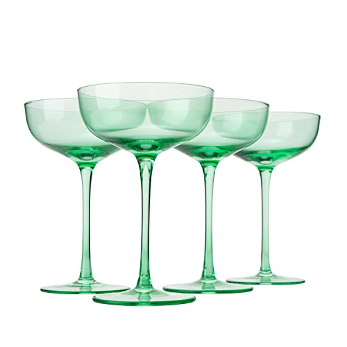 The Wine Savant Colored Coupe Glass | 7oz | Set of 4 Colorful Champagne & Cocktail Glasses, Fancy Manhattan, Crystal Martini, Cocktails Set, Margarita Bar Glassware Gift, Vintage (Green)