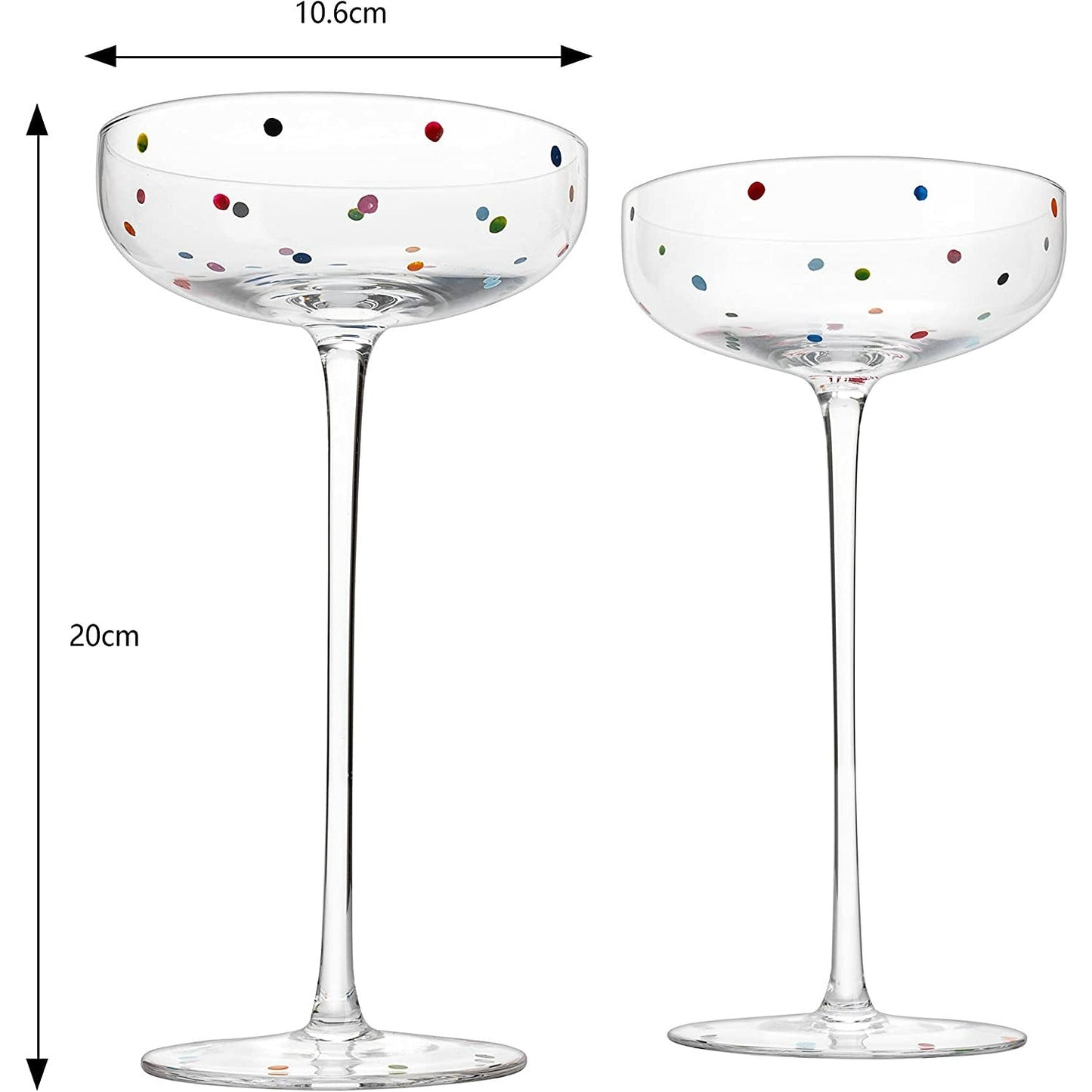Polka Dot Champagne Coupe Glasses Set of 2 8.8 oz by The Wine Savant - Polka Dot Rainbow Colored Glasses, Cocktail Glassware, Polka Dot Gifts Damien Hirst, Gift Idea For Everyday, Weddings, Parties