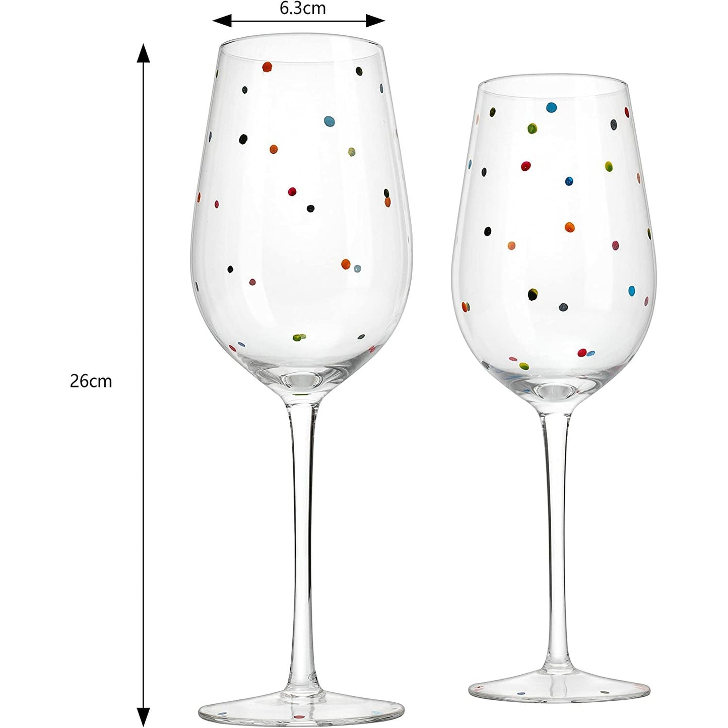 Polka Dot Stemmed Wine Glasses 16 Ounces Set of 2 10" H By The Wine Savant - Polka Dot Wine Wedding Glasses, Ideal For Merlot, Pinot Noir For Everyday, Weddings, Anniversaries, Parties, Home Bar Gifts