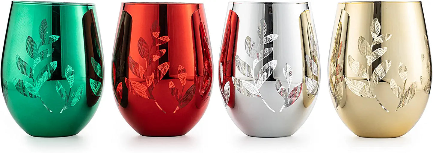 Multicolor 4-Piece Tree Stemless Wine & Water Glasses - Shining Red Green Yellow Silver, Housewarming Gift For Her, Him Party Décor, Colored Glass Trees Décor, Kitchen Home Decoration (Stemless)