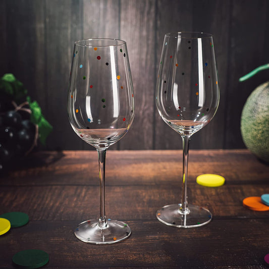 Polka Dot Stemmed Wine Glasses 16 Ounces Set of 2 10" H By The Wine Savant - Polka Dot Wine Wedding Glasses, Ideal For Merlot, Pinot Noir For Everyday, Weddings, Anniversaries, Parties, Home Bar Gifts