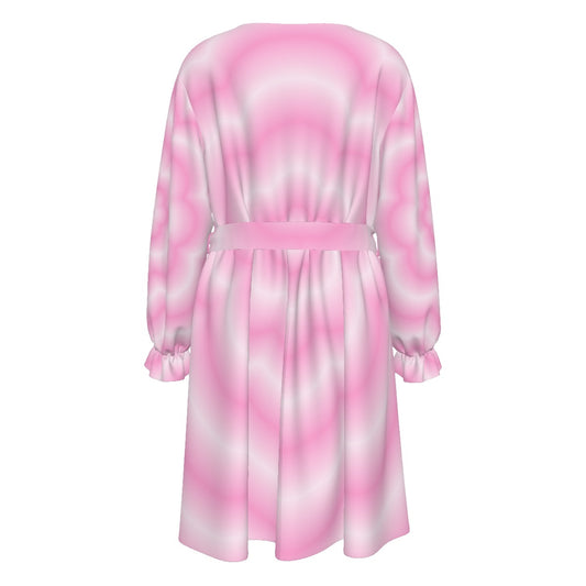 Pink Blur Flower Women's V-neck Dress With Waistband (Plus Size)