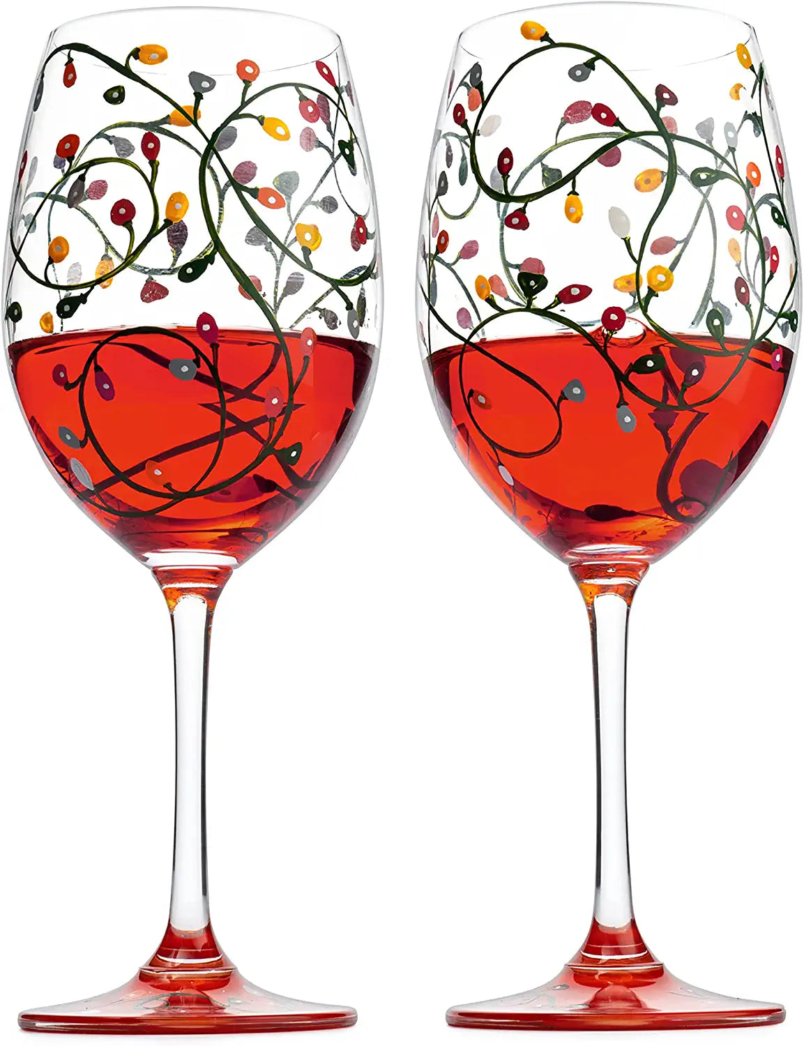 Stemmed Christmas Lights Wine Glasses Set of 2 - Hand Painted Wine Glass Ornament Light Bulbs Glasses, Perfect for Wine, Champagne, Holiday Parties and Festivities - 9.5" High, 21 oz Capacity