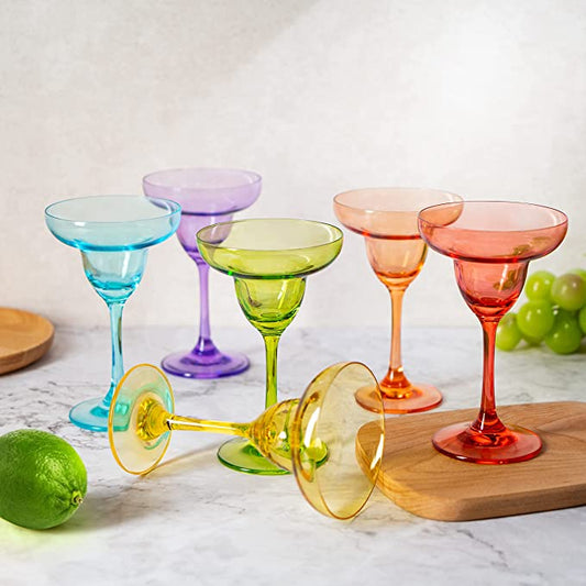 The Wine Savant Hand Blown Colorful Margarita & Martini Glass (Set of 6) – Fancy 7.4oz Luxury Hand Blown For Cocktails, Water, Wine, Juice, & Champagne Glasses Cinco de Mayo Large Party, Set of 6