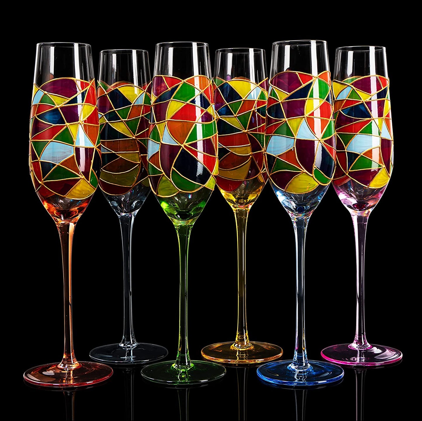 Stained Glass Champagne Flutes Set of 6 Hand Painted - Wine Savant - Hand Blown 7 Ounce Colorful Renaissance Champagne Glasses - 10.2" Tall, 2.7" Diameter Rainbow Multicolor Design Glassware