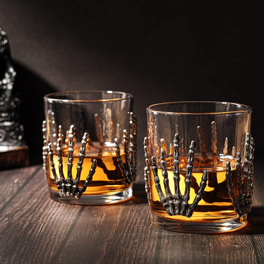 The Wine Savant Skeleton Hand Wine Glass Set of 2 10 oz Glasses 5" H, Goth Gifts, Skeleton Gifts, Skeleton Decor, Spooky Glass Gift Set, Goth Decor, Unique Themed Parties