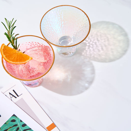 Iridescent Lustered Stemless Martini Glasses Set of 2 - Hammered Cocktail & Martini Glasses - Luxury Gift Box - Gold Rim 8oz Colorful Stemless Glassware - Weddings, Anniversary, Christmas, Barware