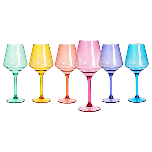 European Style Crystal, Stemmed Wine Glasses, Acrylic Glasses Tritan Drinkware, Unbreakable Colored, 6 - Set - Shatterproof BPA-free plastic, Reusable, All Purpose Glassware, Hand Wash Only 15oz