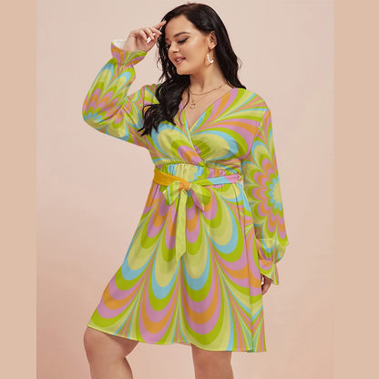 Pop Green Flowers Women's V-neck Dress With Waistband (Plus Size)