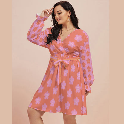 Pink Flowers Happy Face Women's V-neck Dress With Waistband (Plus Size)