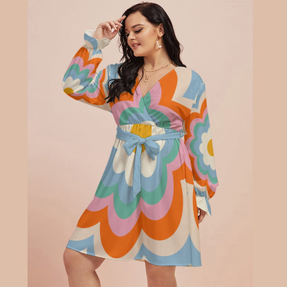 Pop Flowers Women's V-neck Dress With Waistband (Plus Size)