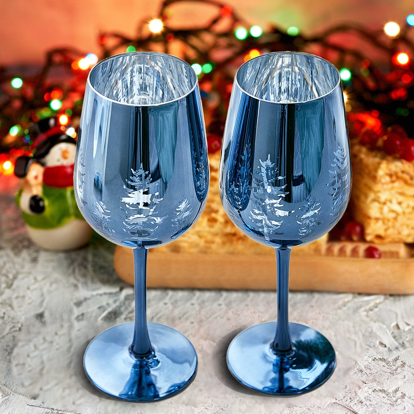 Crystal Christmas Tree Stemmed Wine & Water Glasses - Set of 2 - Holiday Themed Vibrant Blue Etched Winter Snow Wonderland Frosted Glass, Perfect For Seasonal Parties, Gifts for Him & Her Trees Décor