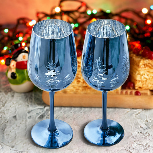 Crystal Christmas Tree Stemmed Wine & Water Glasses - Set of 2 - Holiday Themed Vibrant Blue Etched Winter Snow Wonderland Frosted Glass, Perfect For Seasonal Parties, Gifts for Him & Her Trees Décor