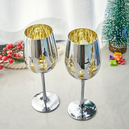 Crystal Christmas Tree Stemmed Wine & Water Glasses - Set of 2 - Holiday Themed Vibrant Gold Etched Winter Snow Wonderland Frosted Glass, Perfect For Seasonal Parties, Gifts for Him & Her Trees Décor