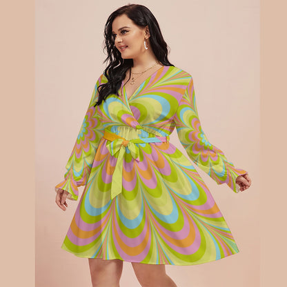 Pop Green Flowers Women's V-neck Dress With Waistband (Plus Size)