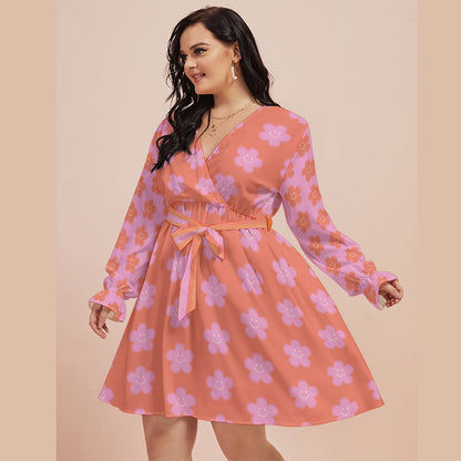 Pink Flowers Happy Face Women's V-neck Dress With Waistband (Plus Size)