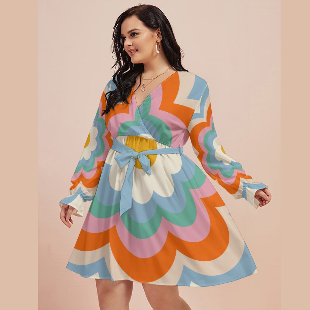 Pop Flowers Women's V-neck Dress With Waistband (Plus Size)