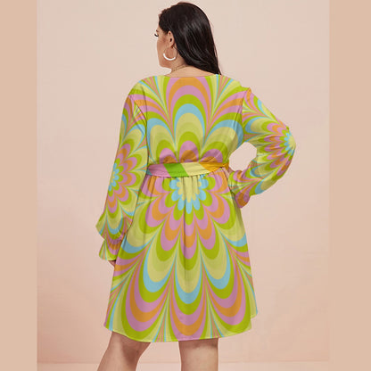 Pop Green Flowers Women's V-neck Dress With Waistband (Plus Size)