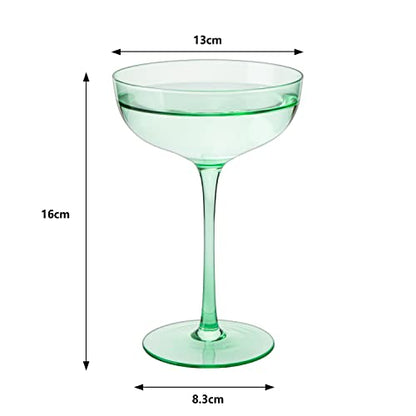 The Wine Savant Colored Coupe Glass | 7oz | Set of 4 Colorful Champagne & Cocktail Glasses, Fancy Manhattan, Crystal Martini, Cocktails Set, Margarita Bar Glassware Gift, Vintage (Green)