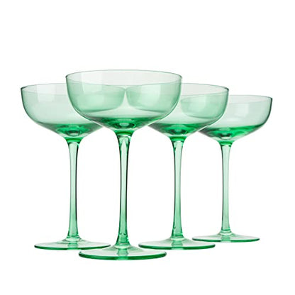 The Wine Savant Colored Coupe Glass | 7oz | Set of 4 Colorful Champagne & Cocktail Glasses, Fancy Manhattan, Crystal Martini, Cocktails Set, Margarita Bar Glassware Gift, Vintage (Green)