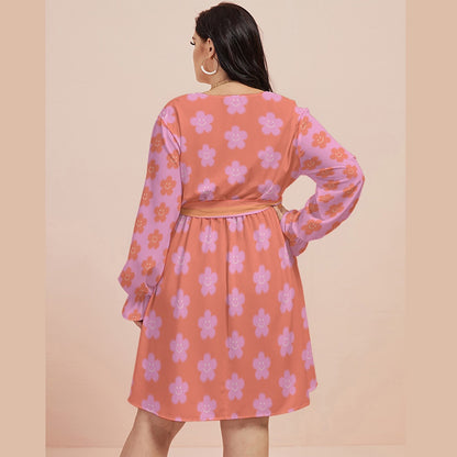 Pink Flowers Happy Face Women's V-neck Dress With Waistband (Plus Size)
