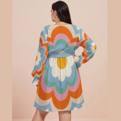 Pop Flowers Women's V-neck Dress With Waistband (Plus Size)