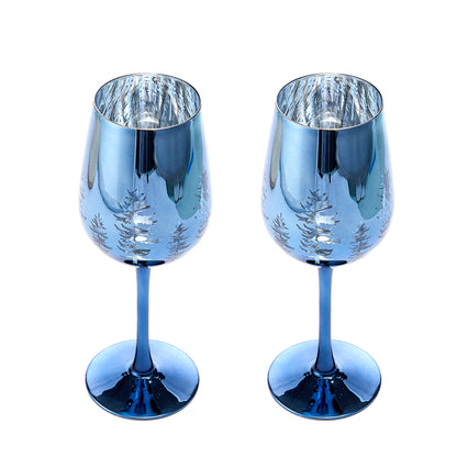 Crystal Christmas Tree Stemmed Wine & Water Glasses - Set of 2 - Holiday Themed Vibrant Blue Etched Winter Snow Wonderland Frosted Glass, Perfect For Seasonal Parties, Gifts for Him & Her Trees Décor