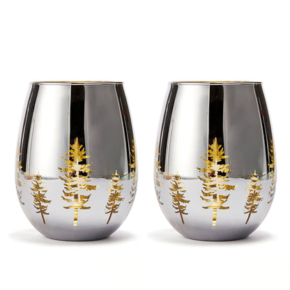 Crystal Christmas Tree Stemless Wine & Water Glasses - Set of 2 - Holiday Themed Vibrant Gold Etched Winter Snow Wonderland Frosted Glass, Perfect For Seasonal Parties, Gifts for Him & Her Trees Décor