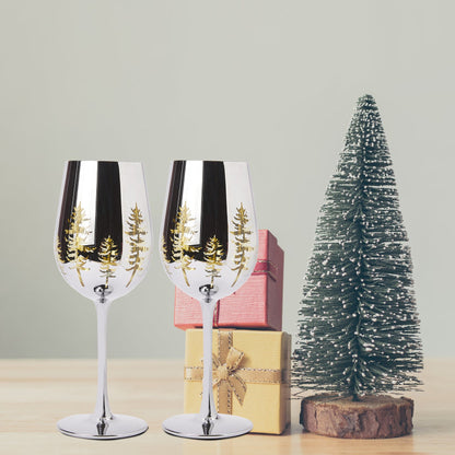 Crystal Christmas Tree Stemmed Wine & Water Glasses - Set of 2 - Holiday Themed Vibrant Gold Etched Winter Snow Wonderland Frosted Glass, Perfect For Seasonal Parties, Gifts for Him & Her Trees Décor