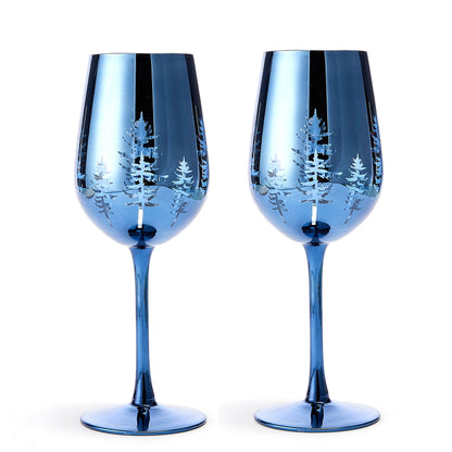 Crystal Christmas Tree Stemmed Wine & Water Glasses - Set of 2 - Holiday Themed Vibrant Blue Etched Winter Snow Wonderland Frosted Glass, Perfect For Seasonal Parties, Gifts for Him & Her Trees Décor