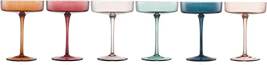 Vintage Art Deco Coupe Glasses Ribbed Coupe Cocktail Glasses 7 oz | Set of 6 | Pastel Colored Crystal Cocktail Glassware for Champagne, Martini, Manhattan Goblet Cocktails, Ripple Glassware - Gift Box