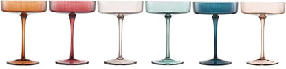 Vintage Art Deco Coupe Glasses Ribbed Coupe Cocktail Glasses 7 oz | Set of 6 | Pastel Colored Crystal Cocktail Glassware for Champagne, Martini, Manhattan Goblet Cocktails, Ripple Glassware - Gift Box