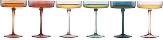 Vintage Art Deco Coupe Glasses Ribbed Coupe Cocktail Glasses 7 oz | Set of 6 | Pastel Colored Crystal Cocktail Glassware for Champagne, Martini, Manhattan Goblet Cocktails, Ripple Glassware - Gift Box