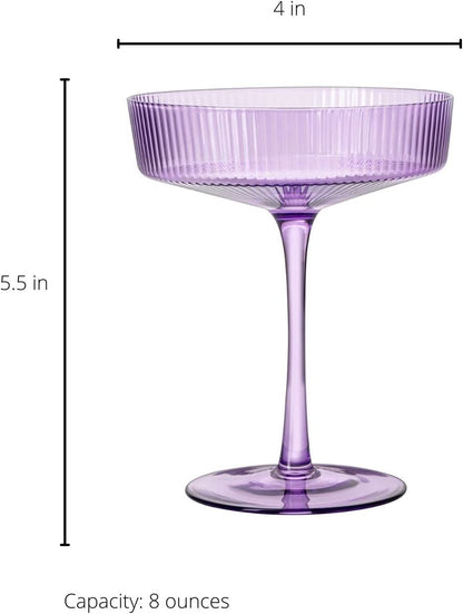 Ribbed Coupe Cocktail Glasses 8 oz | Set of 2 | Classic Manhattan Glasses For Cocktails, Champagne Coupe, Ripple Coupe Glasses, Art Deco Gatsby Vintage, Crystal with Stems (Lavender, Set of 2)