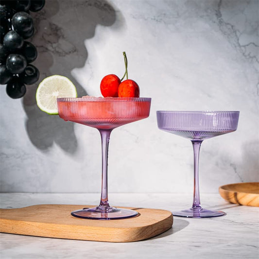 Ribbed Coupe Cocktail Glasses 8 oz | Set of 2 | Classic Manhattan Glasses For Cocktails, Champagne Coupe, Ripple Coupe Glasses, Art Deco Gatsby Vintage, Crystal with Stems (Lavender, Set of 2)