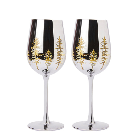 Crystal Christmas Tree Stemmed Wine & Water Glasses - Set of 2 - Holiday Themed Vibrant Gold Etched Winter Snow Wonderland Frosted Glass, Perfect For Seasonal Parties, Gifts for Him & Her Trees Décor