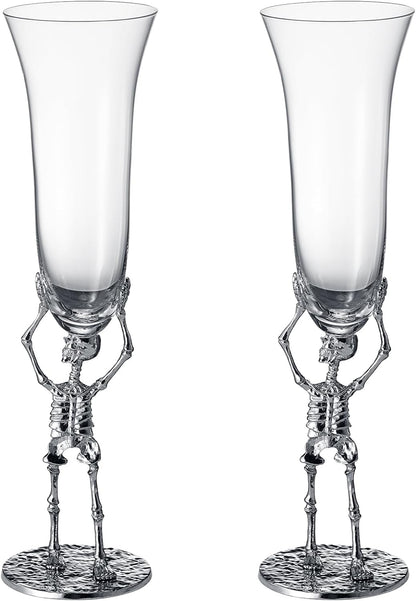 Stemmed Skeleton Champagne Flute Glass | Set of 2 | 7.5oz Halloween Skeleton Glasses 10" H, Goth Gifts, Skeleton Gifts, Skeleton Decor, Spooky Wine Gift Set, Perfect for Halloween Themed Parties