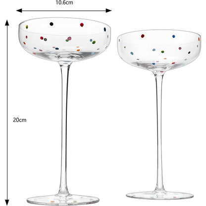 Polka Dot Champagne Coupe Glasses Set of 2 8.8 oz by The Wine Savant - Polka Dot Rainbow Colored Glasses, Cocktail Glassware, Polka Dot Gifts Damien Hirst, Gift Idea For Everyday, Weddings, Parties