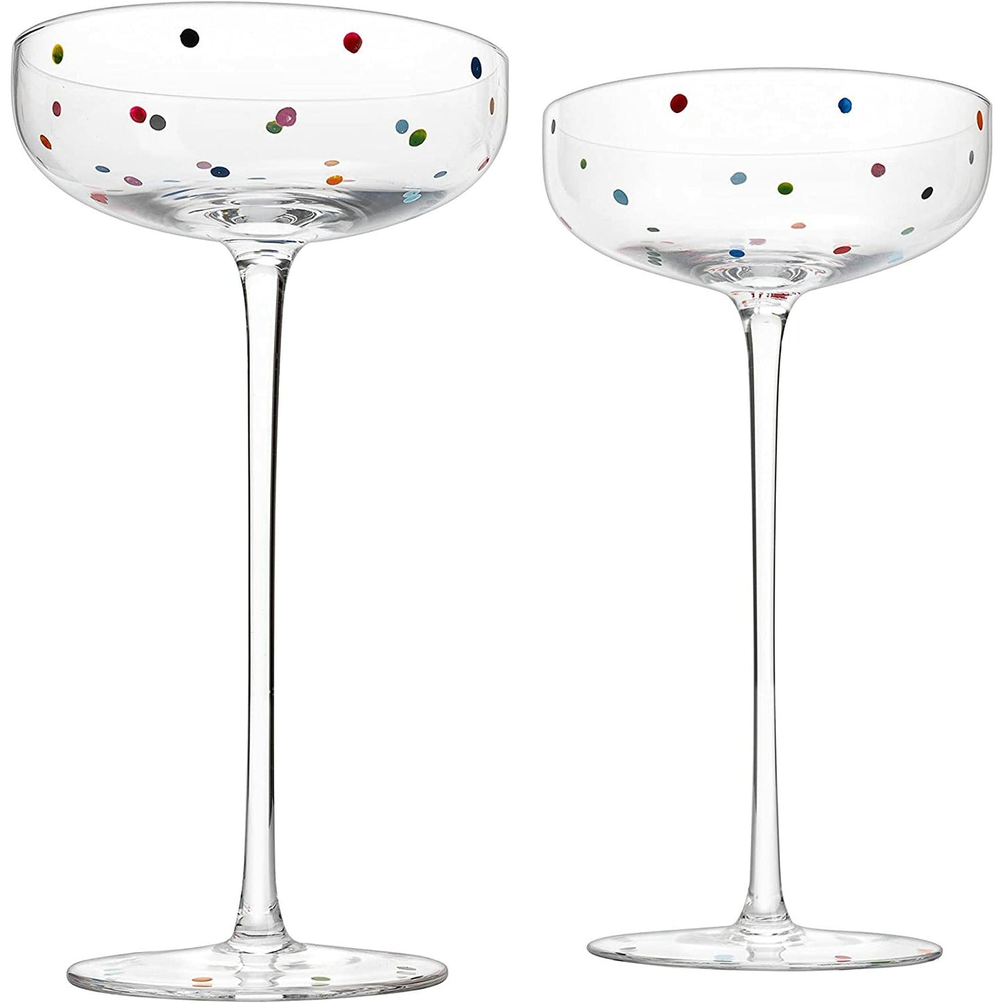 Polka Dot Champagne Coupe Glasses Set of 2 8.8 oz by The Wine Savant - Polka Dot Rainbow Colored Glasses, Cocktail Glassware, Polka Dot Gifts Damien Hirst, Gift Idea For Everyday, Weddings, Parties