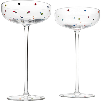Polka Dot Champagne Coupe Glasses Set of 2 8.8 oz by The Wine Savant - Polka Dot Rainbow Colored Glasses, Cocktail Glassware, Polka Dot Gifts Damien Hirst, Gift Idea For Everyday, Weddings, Parties