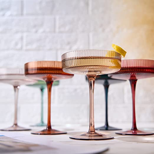 Vintage Art Deco Coupe Glasses Ribbed Coupe Cocktail Glasses 7 oz | Set of 6 | Pastel Colored Crystal Cocktail Glassware for Champagne, Martini, Manhattan Goblet Cocktails, Ripple Glassware - Gift Box