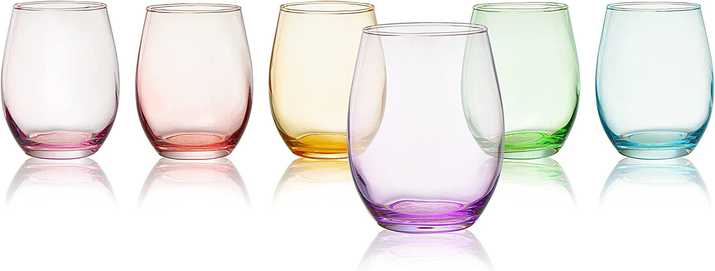 Colored Wine Glass Set, Large 12 oz Glasses Set of 6, Unique Italian Style Tall Stemless for White& Red Wine, Water, Margarita Glasses, Color Tumbler, Beautiful Glassware (Stemless)