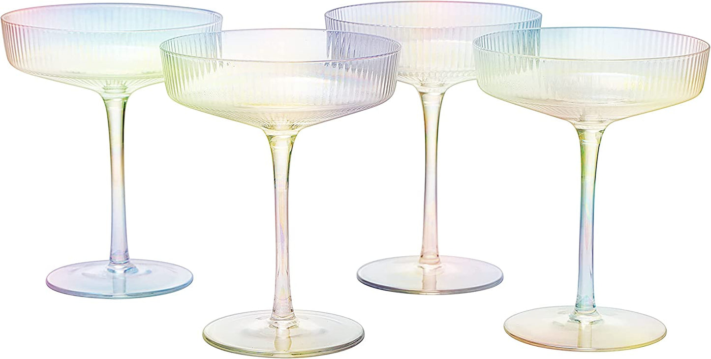 Ribbed Coupe Cocktail Glasses 8 oz | Set of 4 | Classic Manhattan Glasses For Cocktails, Champagne Coupe, Ripple Coupe Glasses, Art Deco Gatsby Vintage, Crystal with Stems (Iridescent)