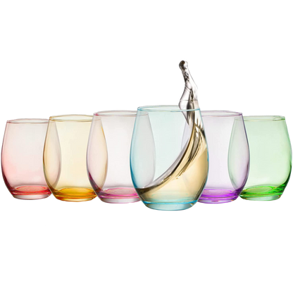 Colored Wine Glass Set, Large 12 oz Glasses Set of 6, Unique Italian Style Tall Stemless for White& Red Wine, Water, Margarita Glasses, Color Tumbler, Beautiful Glassware (Stemless)