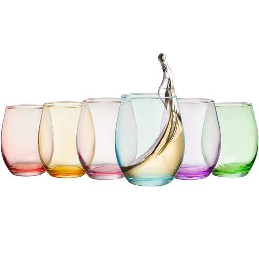 Colored Wine Glass Set, Large 12 oz Glasses Set of 6, Unique Italian Style Tall Stemless for White& Red Wine, Water, Margarita Glasses, Color Tumbler, Beautiful Glassware (Stemless)