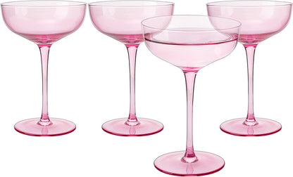 The Wine Savant Colored Coupe Glass | 7oz | Set of 4 Colorful Champagne & Cocktail Glasses, Fancy Manhattan, Crystal Martini, Cocktails Set, Margarita Bar Glassware Gift, Vintage (Blush Pink)