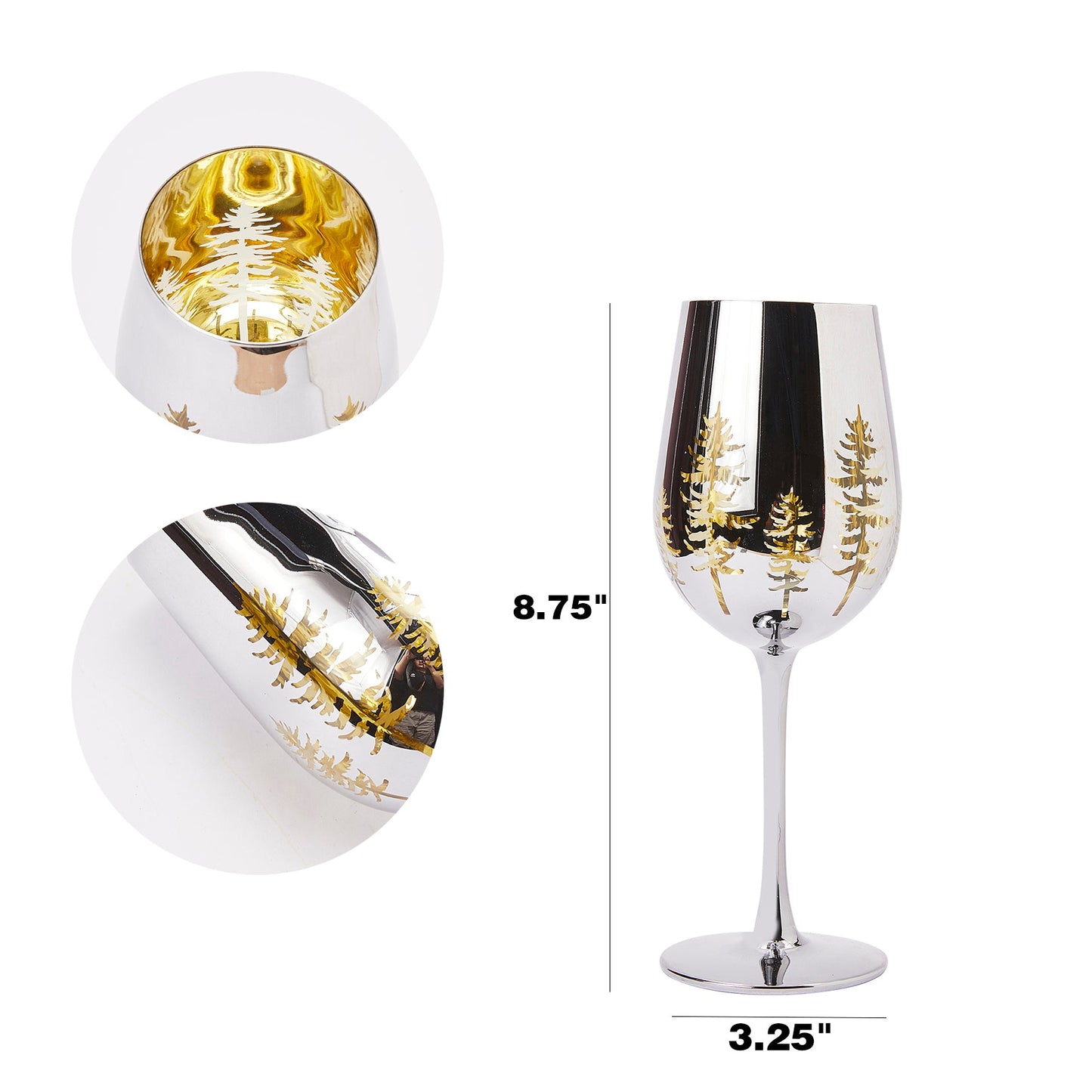 Crystal Christmas Tree Stemmed Wine & Water Glasses - Set of 2 - Holiday Themed Vibrant Gold Etched Winter Snow Wonderland Frosted Glass, Perfect For Seasonal Parties, Gifts for Him & Her Trees Décor