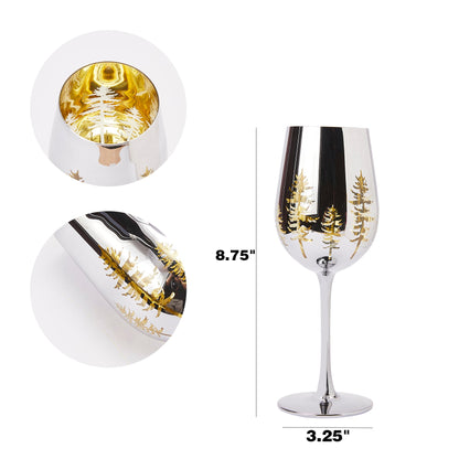 Crystal Christmas Tree Stemmed Wine & Water Glasses - Set of 2 - Holiday Themed Vibrant Gold Etched Winter Snow Wonderland Frosted Glass, Perfect For Seasonal Parties, Gifts for Him & Her Trees Décor
