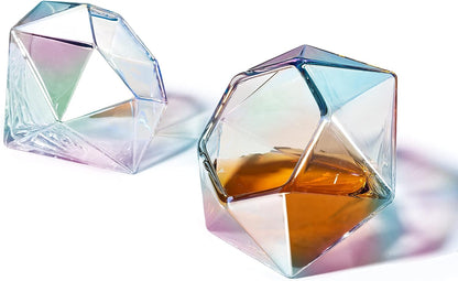 Set of 2 Iridescent Diamond Whiskey & Wine Glasses 10oz - Wine, Whiskey, Water, Diamond Shaped, Diamonds Collection Sparkle Patented Wine Savant - Stands Alone, Or on Stand