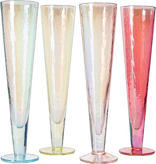 Champagne Flutes, Iridescent Crystal Glass, Holiday Iridescent Champagne Flutes - Set of 4 - 10" Stemmed Champagne Flute Romantic Toasting Colored Glasses, Mimosa Glassware, Weddings - 8 oz Capacity
